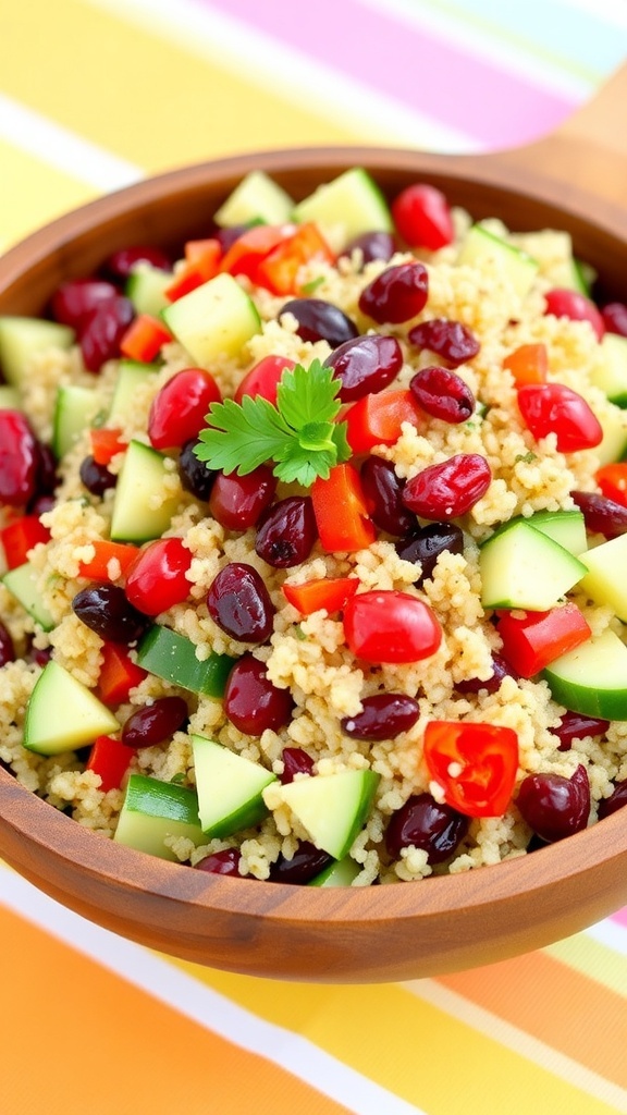 A vibrant quinoa salad with cranberries, cucumbers, bell peppers, and parsley in a wooden bowl.